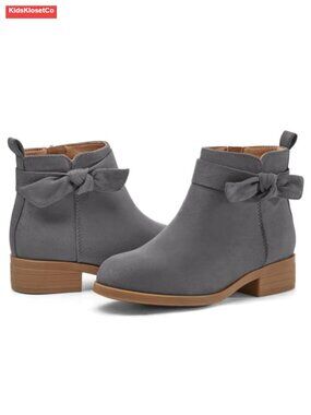 Girls Bow Ankle Boots Low Chunky Heel Side Zipper Cute Dress Booties Suede